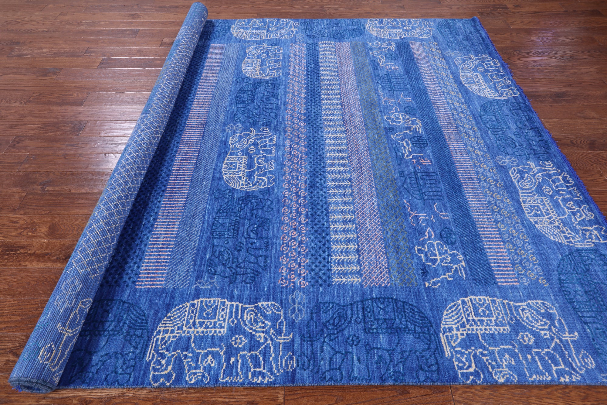 Blue Elephant Design Tribal Persian Gabbeh Hand Knotted Wool Rug - 8' 2" X 9' 11" - Golden Nile