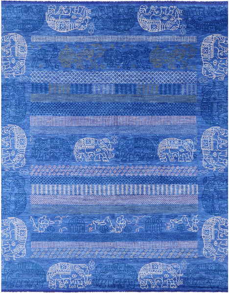 Blue Elephant Design Tribal Persian Gabbeh Hand Knotted Wool Rug - 8' 2" X 9' 11" - Golden Nile