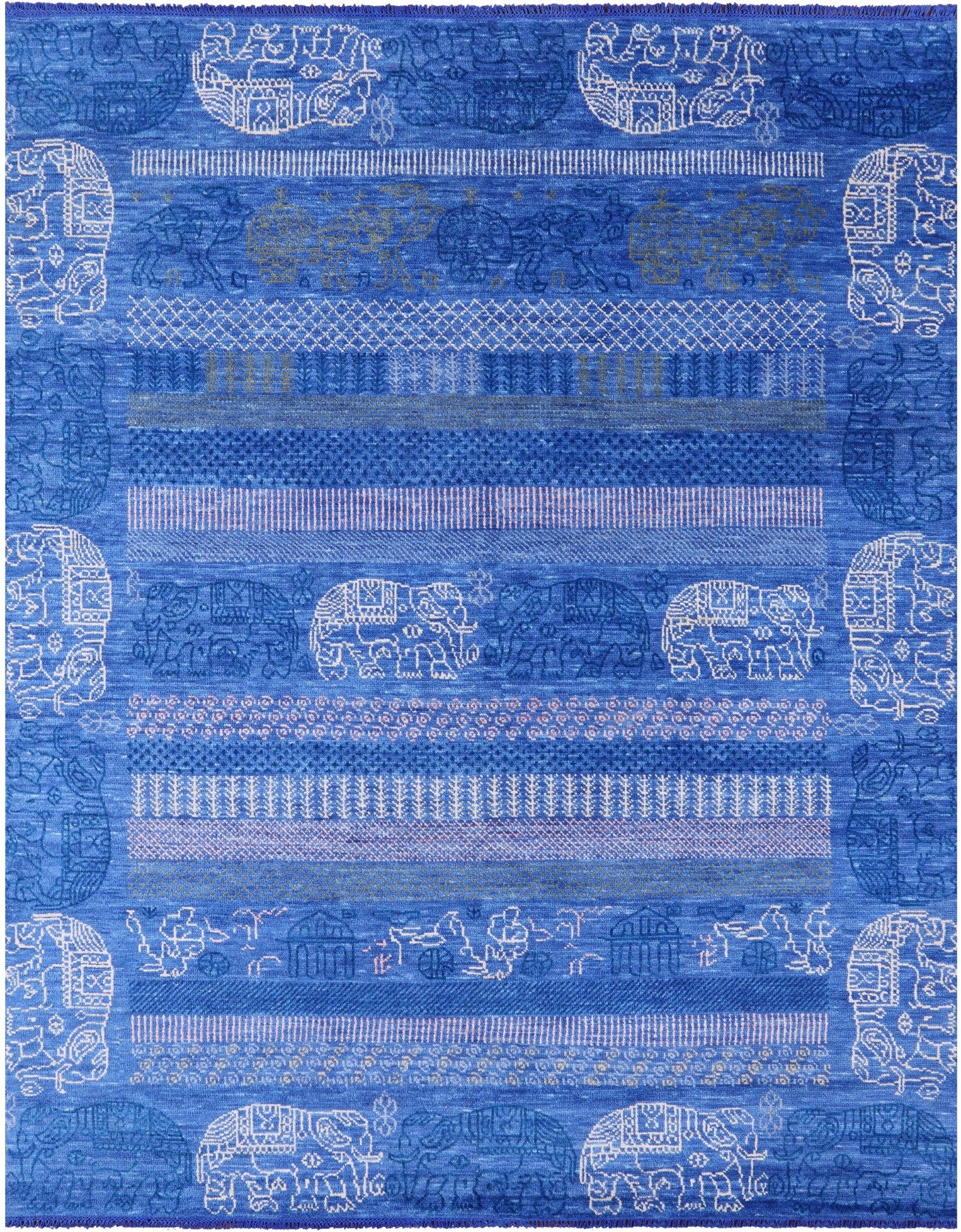 Blue Elephant Design Tribal Persian Gabbeh Hand Knotted Wool Rug - 8' 2" X 9' 11" - Golden Nile