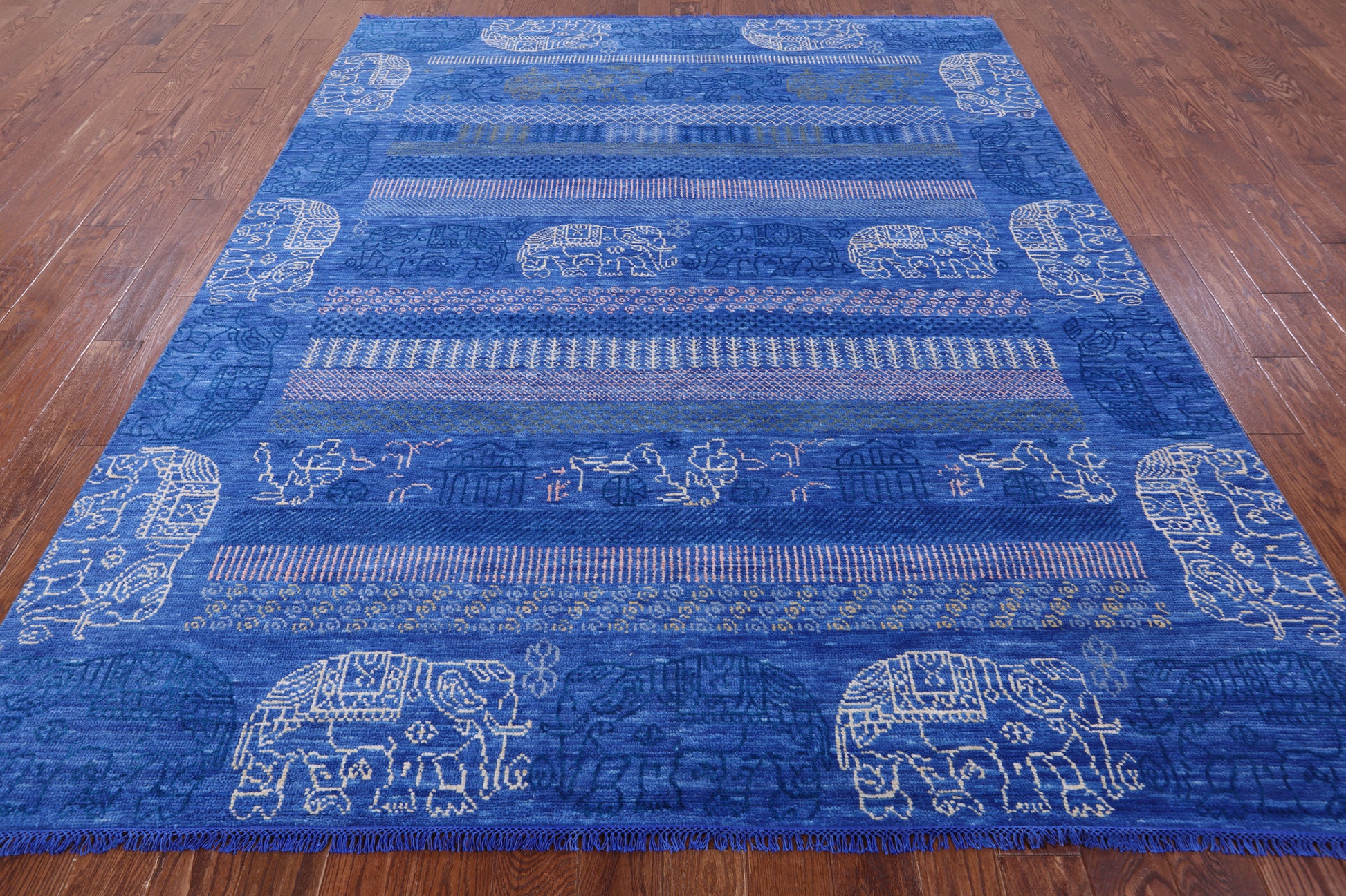 Blue Elephant Design Tribal Persian Gabbeh Hand Knotted Wool Rug - 8' 2" X 9' 11" - Golden Nile