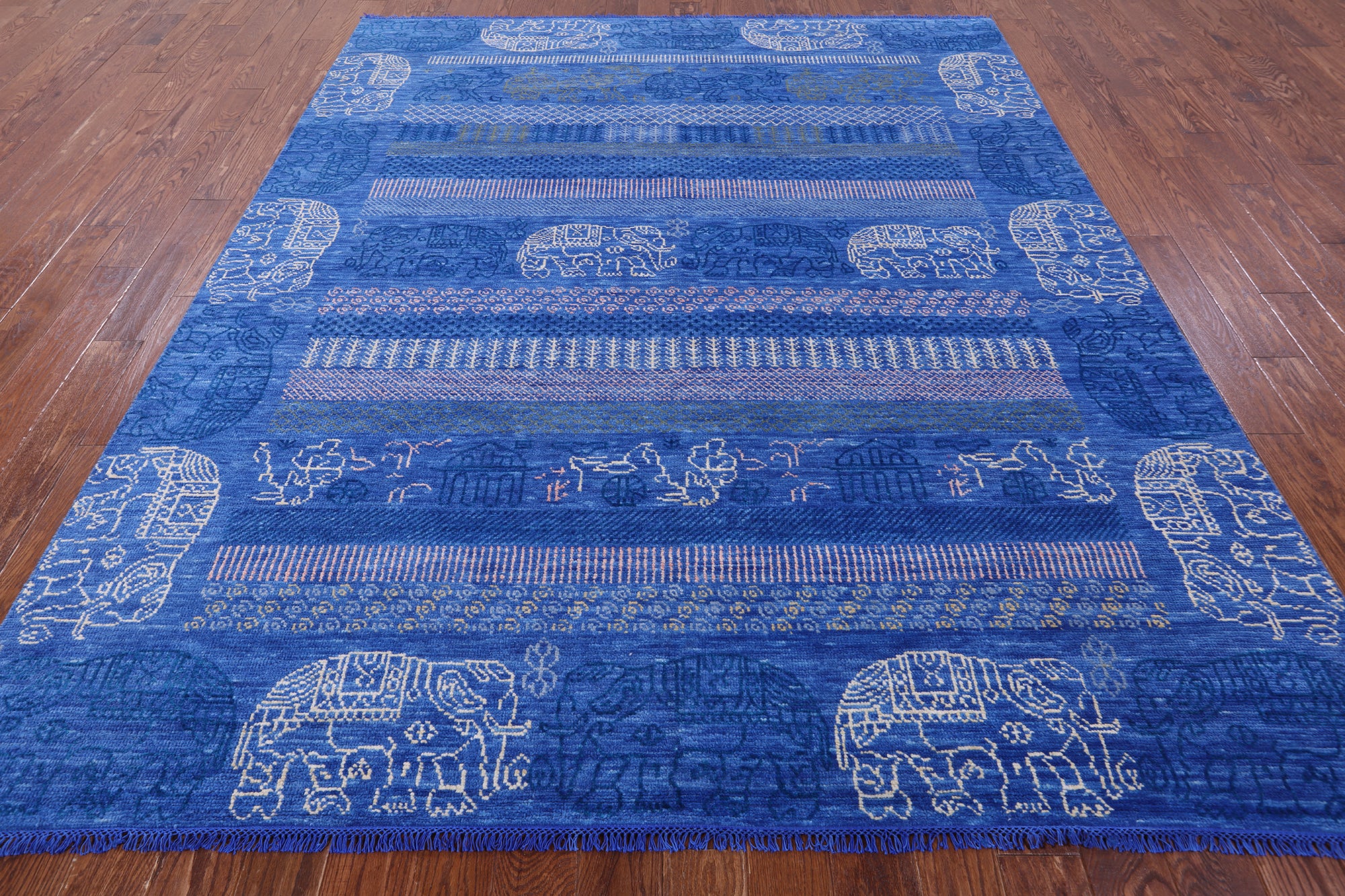 Blue Elephant Design Tribal Persian Gabbeh Hand Knotted Wool Rug - 8' 2" X 9' 11" - Golden Nile