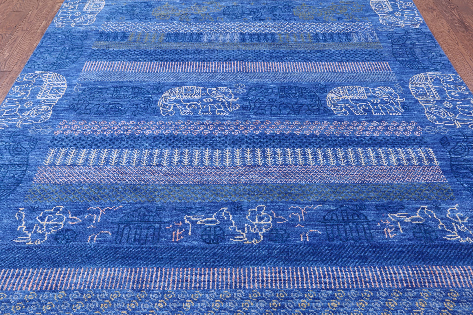 Blue Elephant Design Tribal Persian Gabbeh Hand Knotted Wool Rug - 8' 2" X 9' 11" - Golden Nile