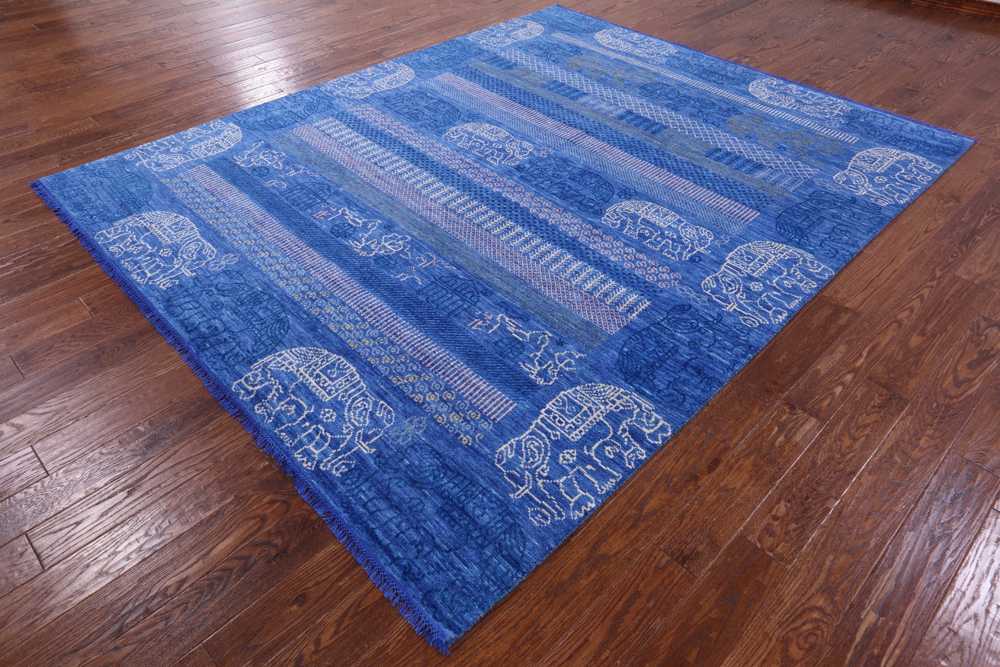 Blue Elephant Design Tribal Persian Gabbeh Hand Knotted Wool Rug - 8' 2" X 9' 11" - Golden Nile