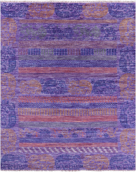 Purple Elephant Design Tribal Persian Gabbeh Hand Knotted Wool Rug - 8' 4" X 10' 1" - Golden Nile