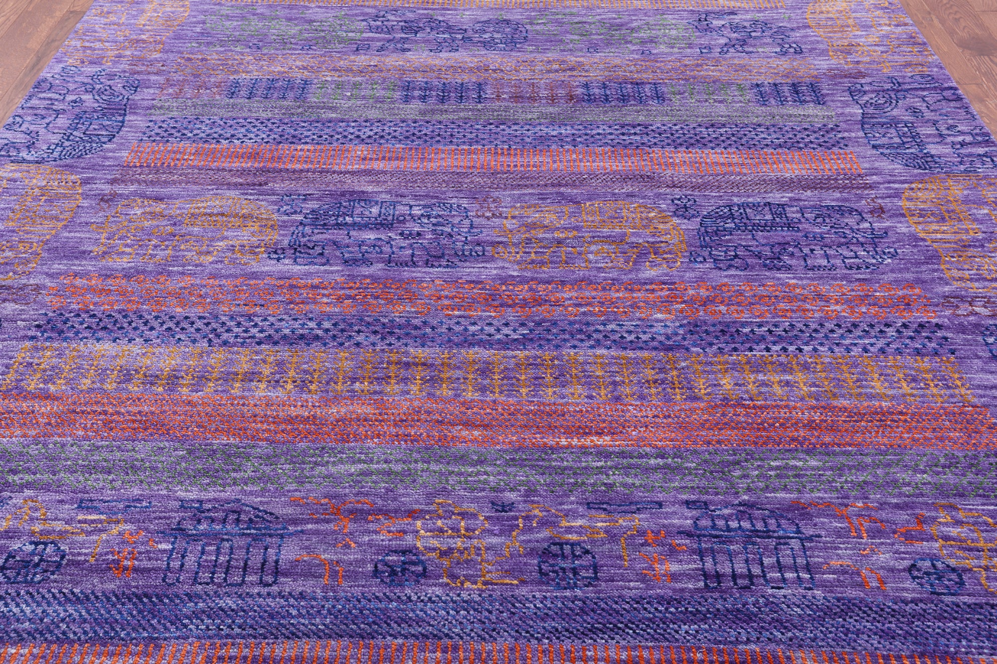 Purple Elephant Design Tribal Persian Gabbeh Hand Knotted Wool Rug - 8' 4" X 10' 1" - Golden Nile