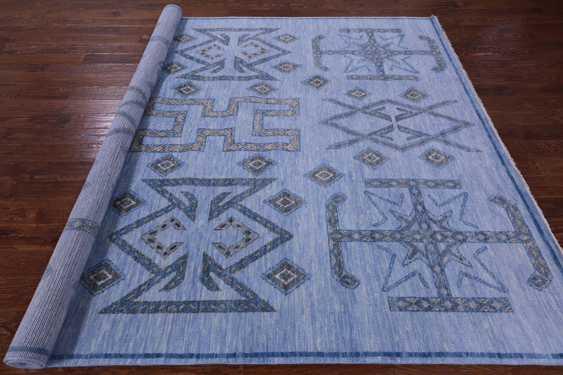 Blue Southwest Navajo Design Gabbeh Hand Knotted Wool Rug - 8' 2" X 10' 4" - Golden Nile