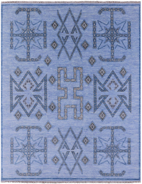 Blue Southwest Navajo Design Gabbeh Hand Knotted Wool Rug - 8' 2" X 10' 4" - Golden Nile