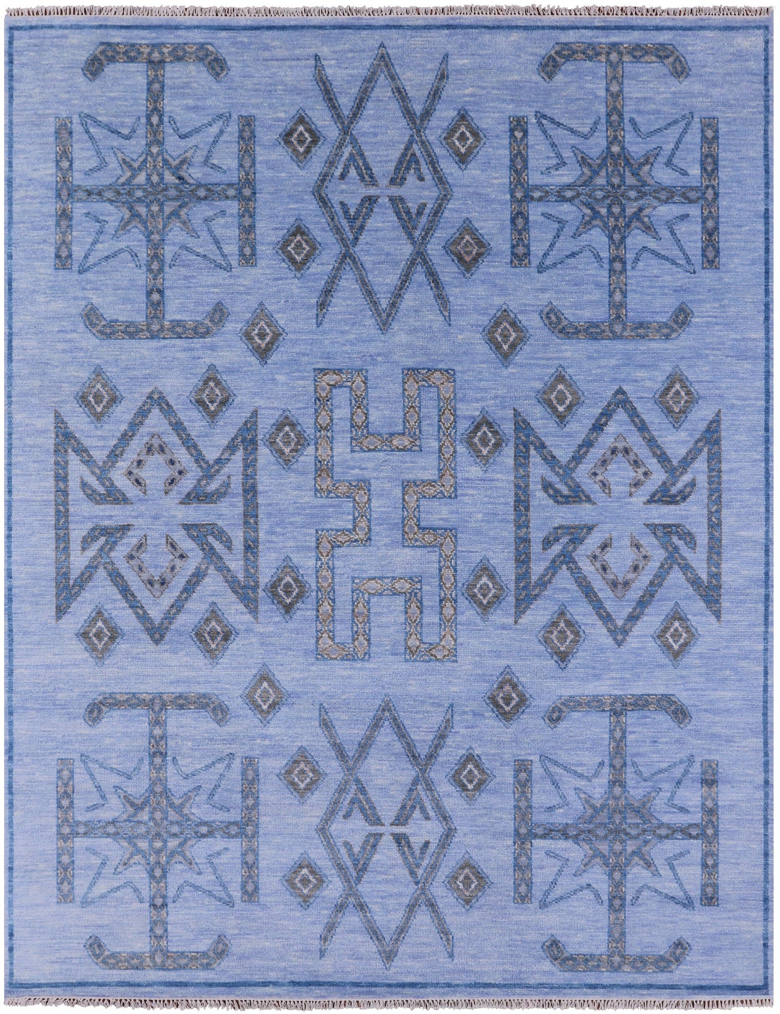 Blue Southwest Navajo Design Gabbeh Hand Knotted Wool Rug - 8' 2" X 10' 4" - Golden Nile