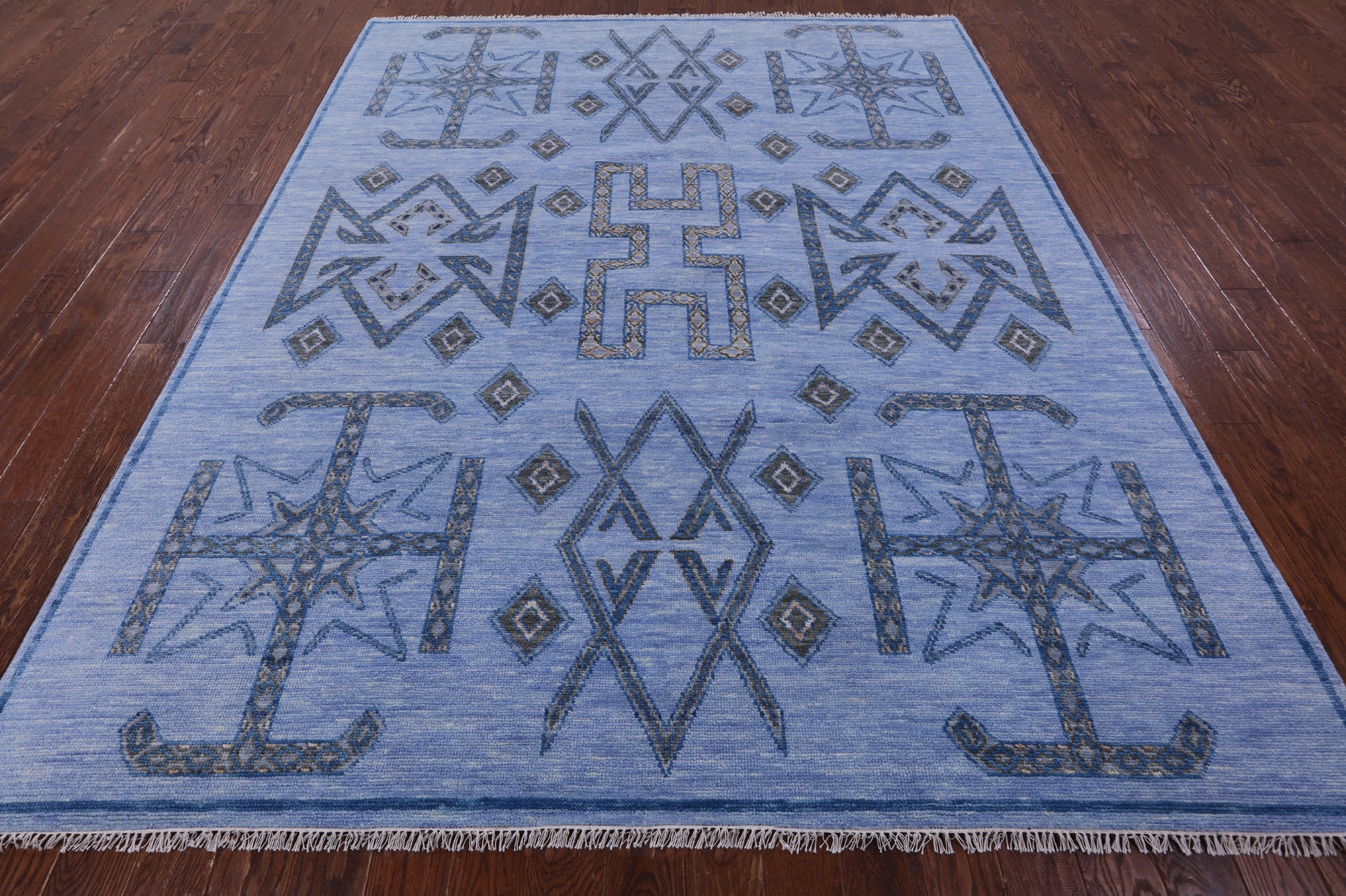 Blue Southwest Navajo Design Gabbeh Hand Knotted Wool Rug - 8' 2" X 10' 4" - Golden Nile