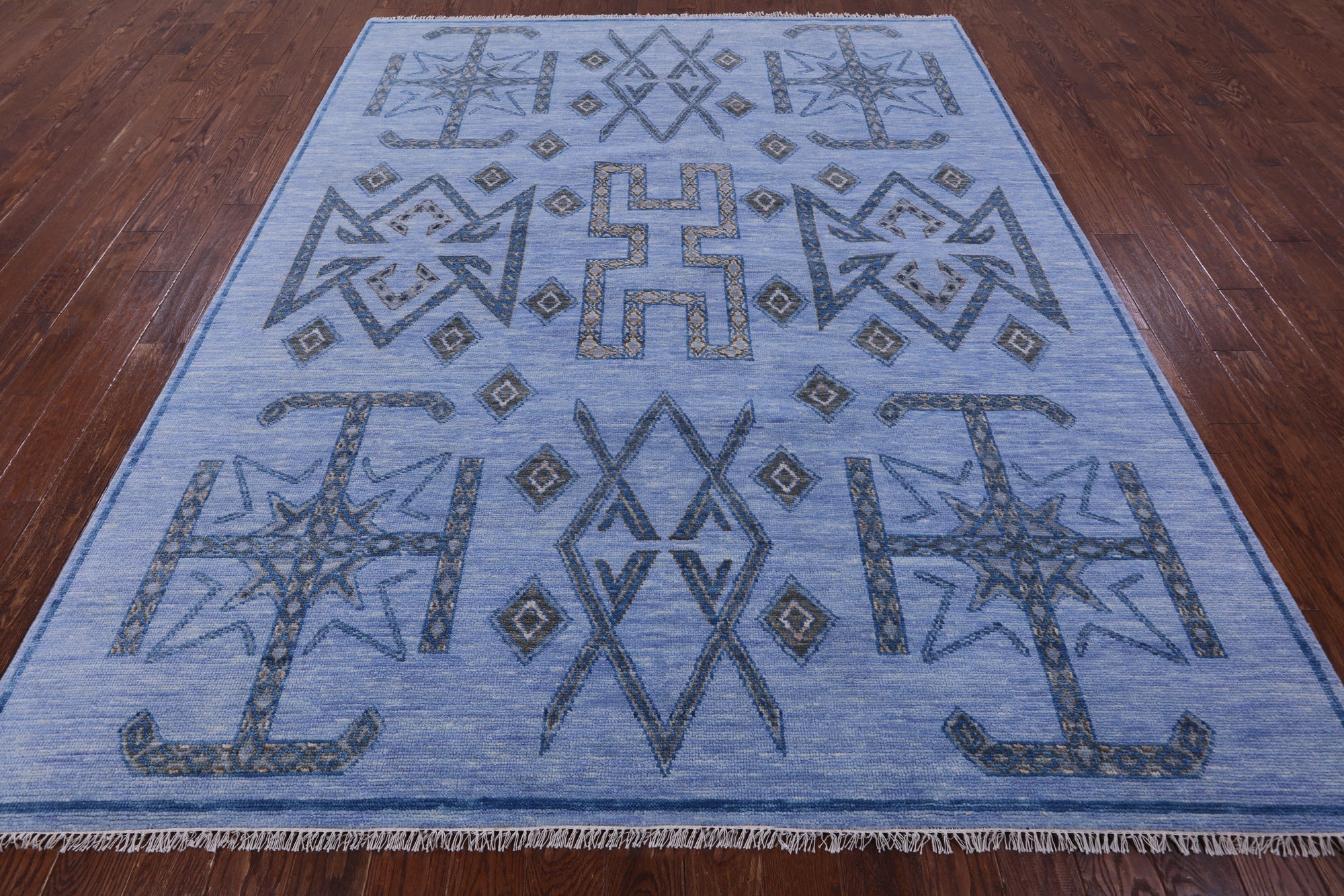 Blue Southwest Navajo Design Gabbeh Hand Knotted Wool Rug - 8' 2" X 10' 4" - Golden Nile