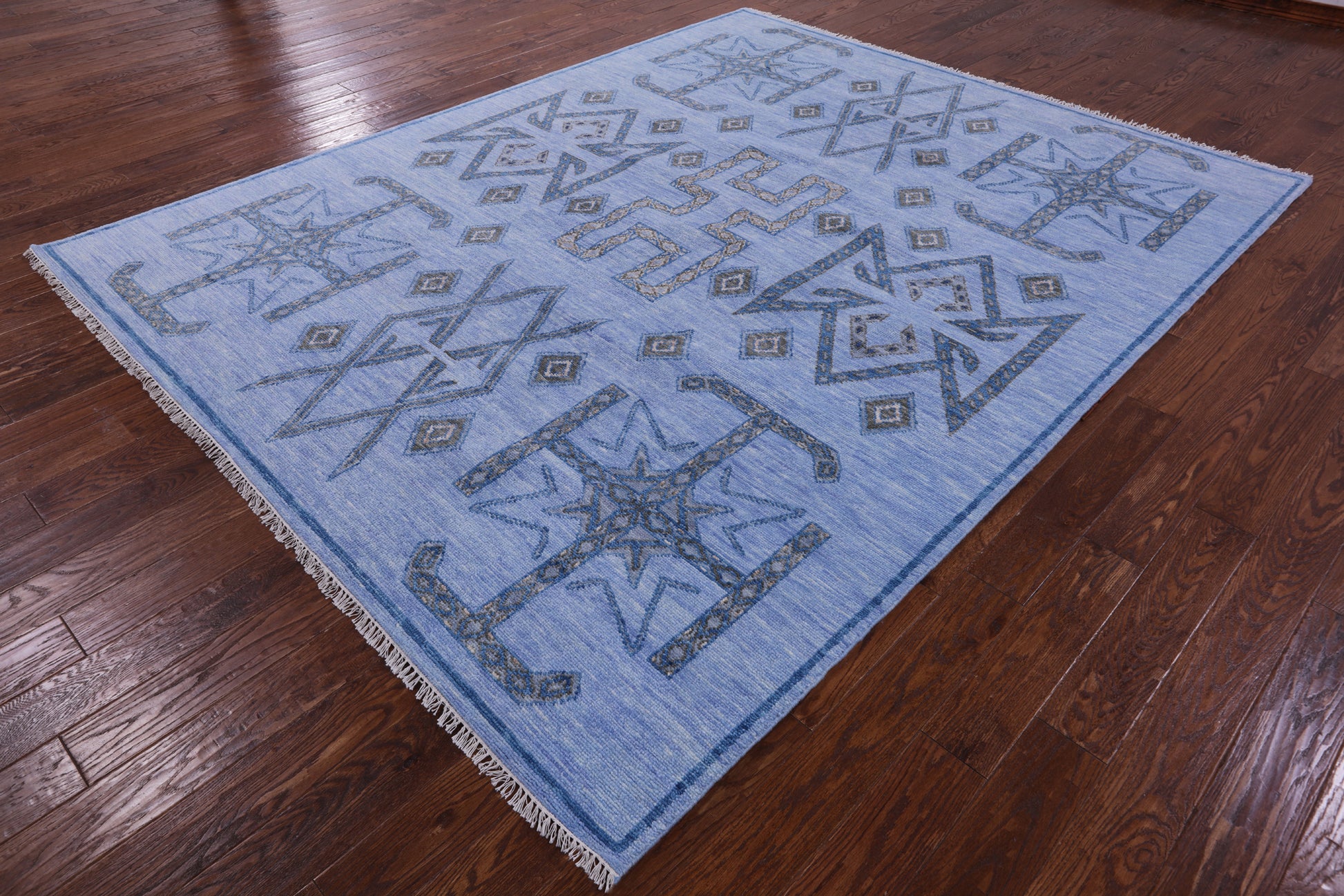 Blue Southwest Navajo Design Gabbeh Hand Knotted Wool Rug - 8' 2" X 10' 4" - Golden Nile