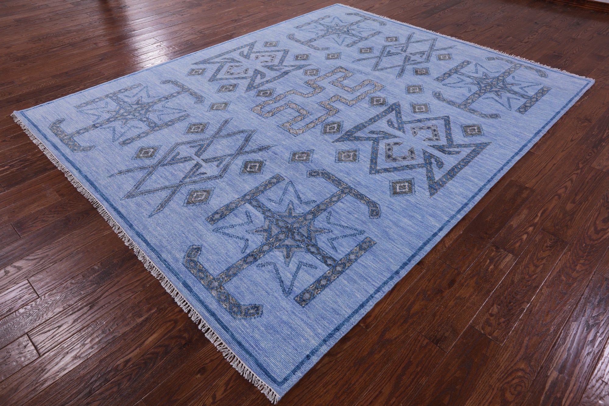 Blue Southwest Navajo Design Gabbeh Hand Knotted Wool Rug - 8' 2" X 10' 4" - Golden Nile