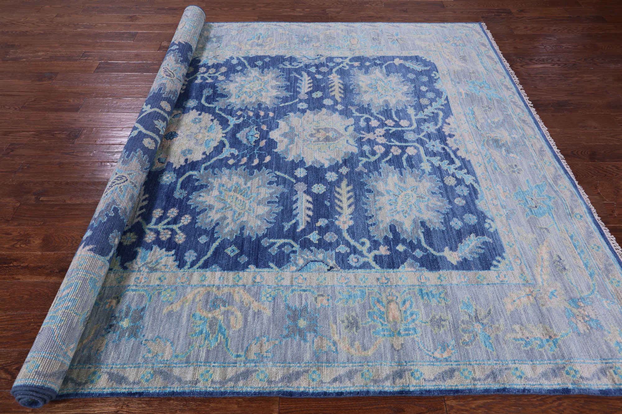 Blue Turkish Oushak Hand Knotted Wool Rug - 8' 1" X 10' 5" - Golden Nile