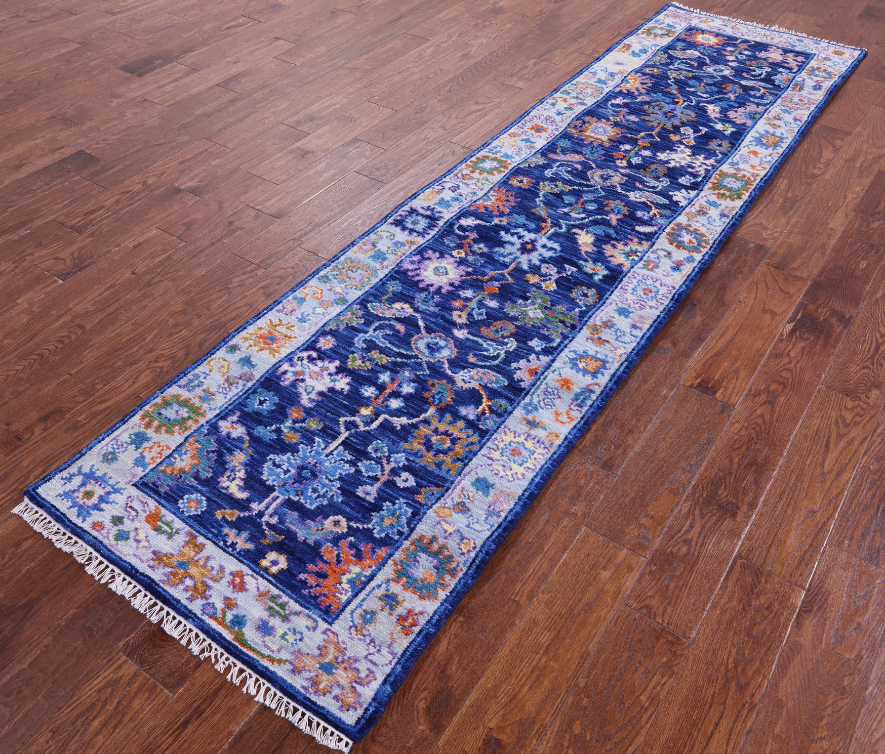 Blue Turkish Oushak Hand Knotted Wool Runner Rug - 2' 7" X 10' 0" - Golden Nile