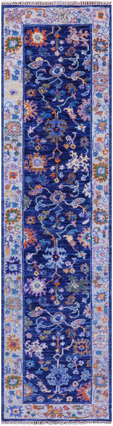 Blue Turkish Oushak Hand Knotted Wool Runner Rug - 2' 7" X 10' 0" - Golden Nile