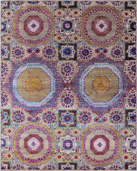 Geometric Persian Mamluk Hand Knotted Wool & Silk Rug - 7' 11" X 9' 9" - Golden Nile