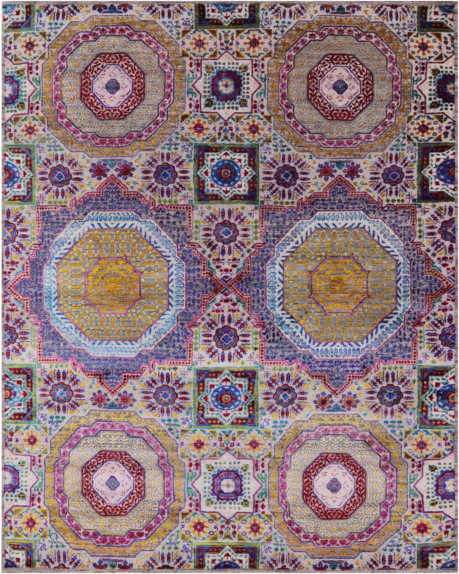 Geometric Persian Mamluk Hand Knotted Wool & Silk Rug - 7' 11" X 9' 9" - Golden Nile