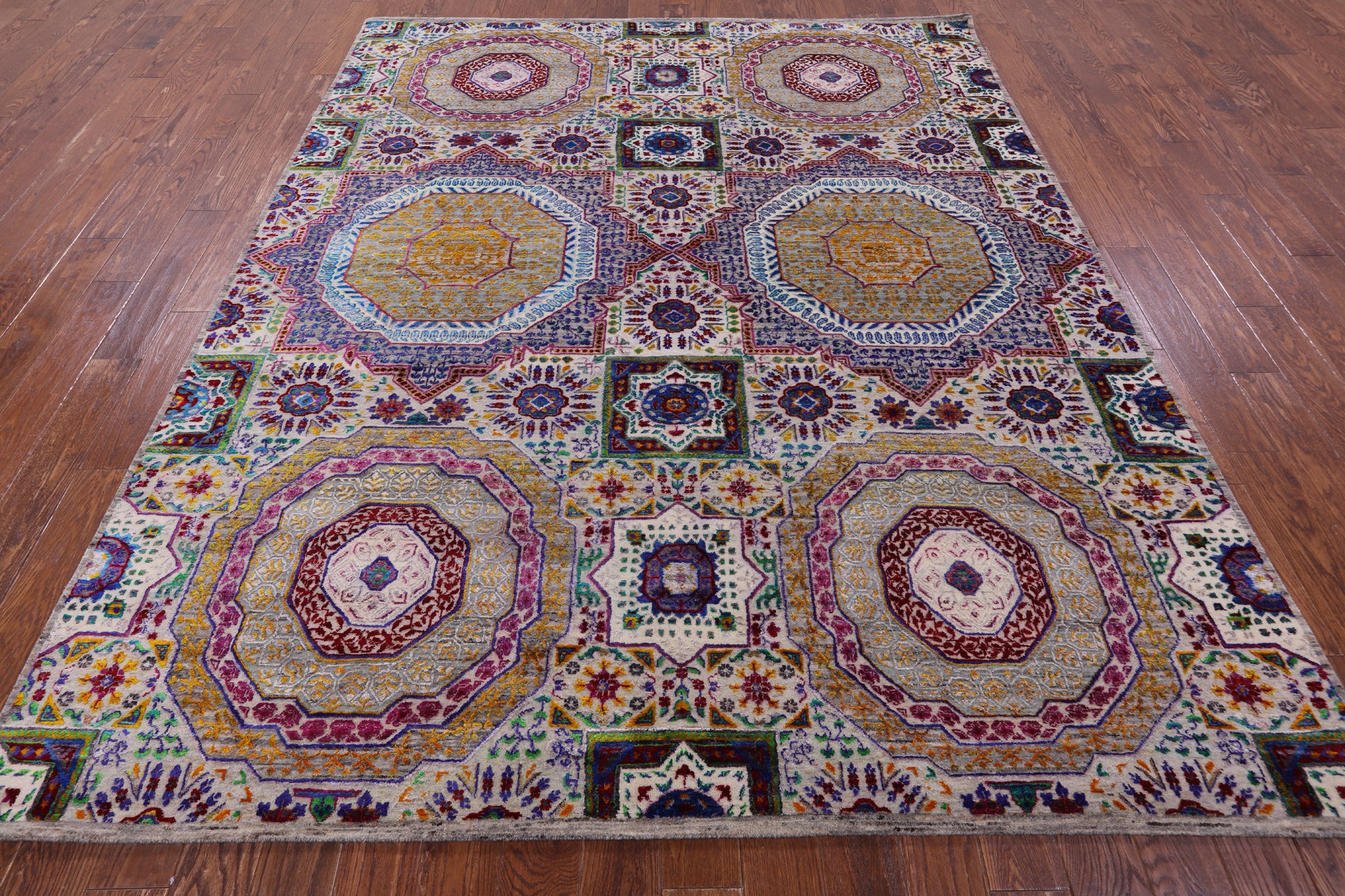 Geometric Persian Mamluk Hand Knotted Wool & Silk Rug - 7' 11" X 9' 9" - Golden Nile