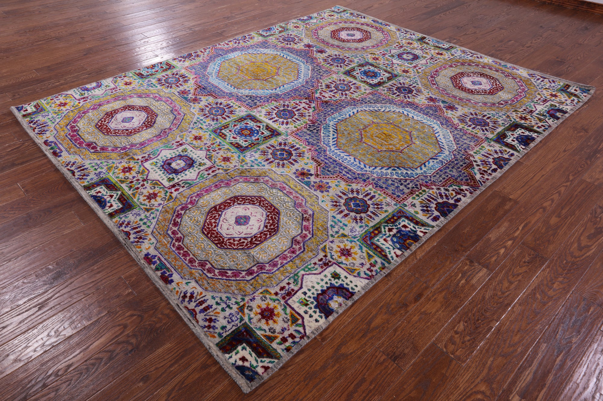 Geometric Persian Mamluk Hand Knotted Wool & Silk Rug - 7' 11" X 9' 9" - Golden Nile