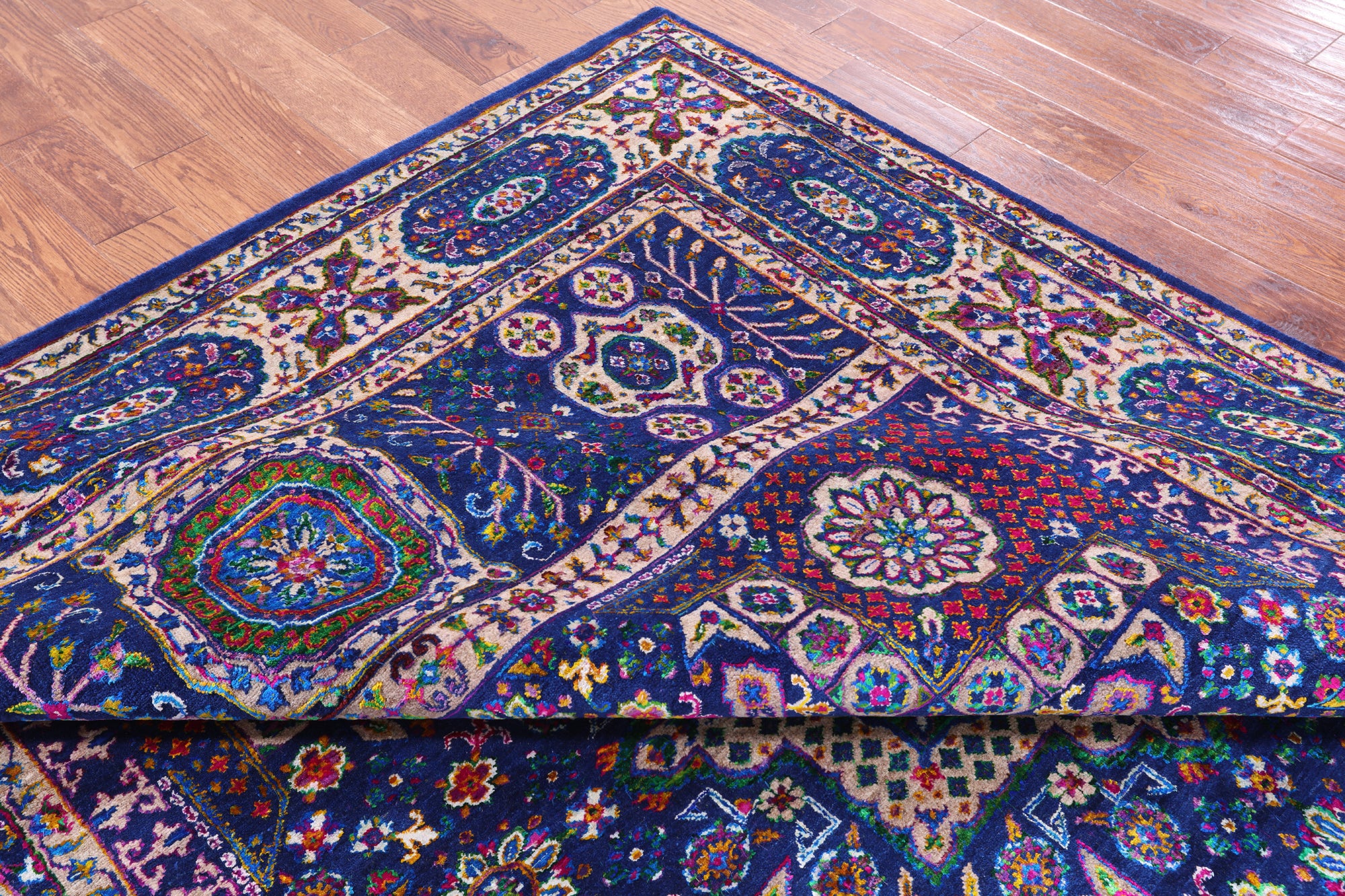 Blue Geometric Persian Mamluk Hand Knotted Wool & Silk Rug - 7' 9" X 9' 11" - Golden Nile