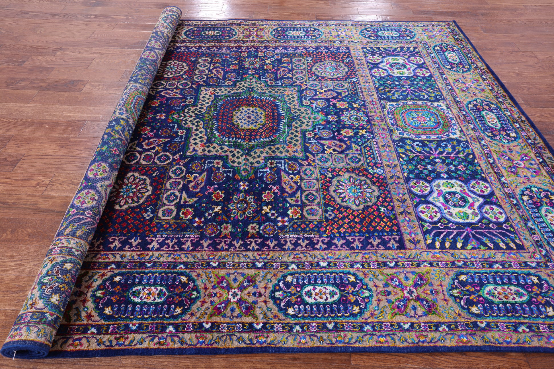 Blue Geometric Persian Mamluk Hand Knotted Wool & Silk Rug - 7' 9" X 9' 11" - Golden Nile