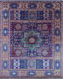 Blue Geometric Persian Mamluk Hand Knotted Wool & Silk Rug - 7' 9" X 9' 11" - Golden Nile