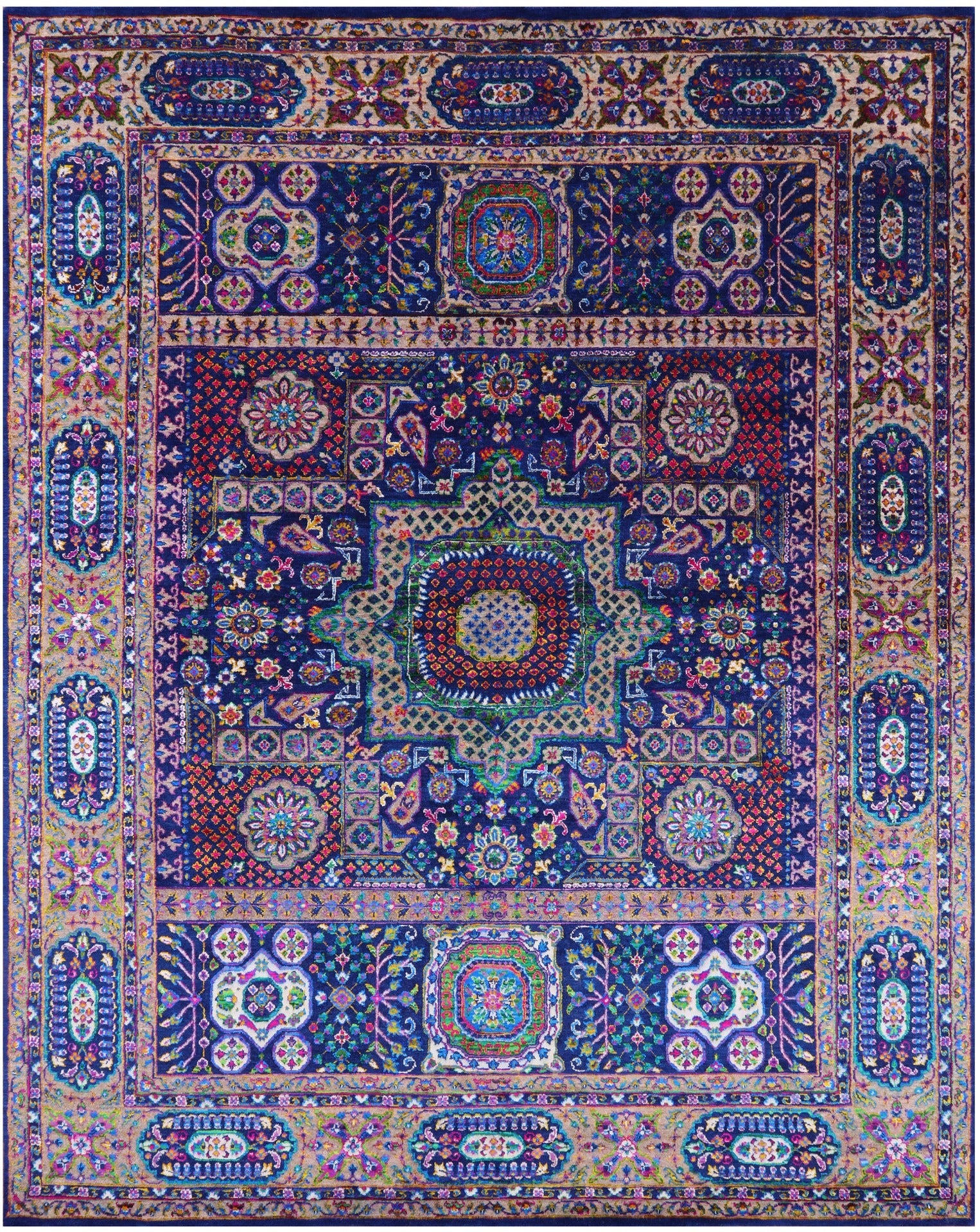 Blue Geometric Persian Mamluk Hand Knotted Wool & Silk Rug - 7' 9" X 9' 11" - Golden Nile