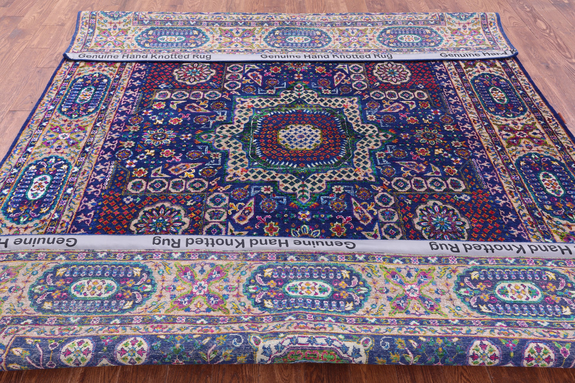 Blue Geometric Persian Mamluk Hand Knotted Wool & Silk Rug - 7' 9" X 9' 11" - Golden Nile