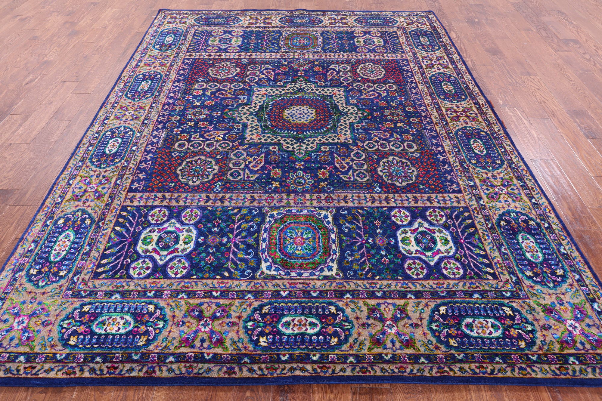 Blue Geometric Persian Mamluk Hand Knotted Wool & Silk Rug - 7' 9" X 9' 11" - Golden Nile