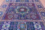 Blue Geometric Persian Mamluk Hand Knotted Wool & Silk Rug - 7' 9" X 9' 11" - Golden Nile