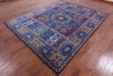 Blue Geometric Persian Mamluk Hand Knotted Wool & Silk Rug - 7' 9" X 9' 11" - Golden Nile