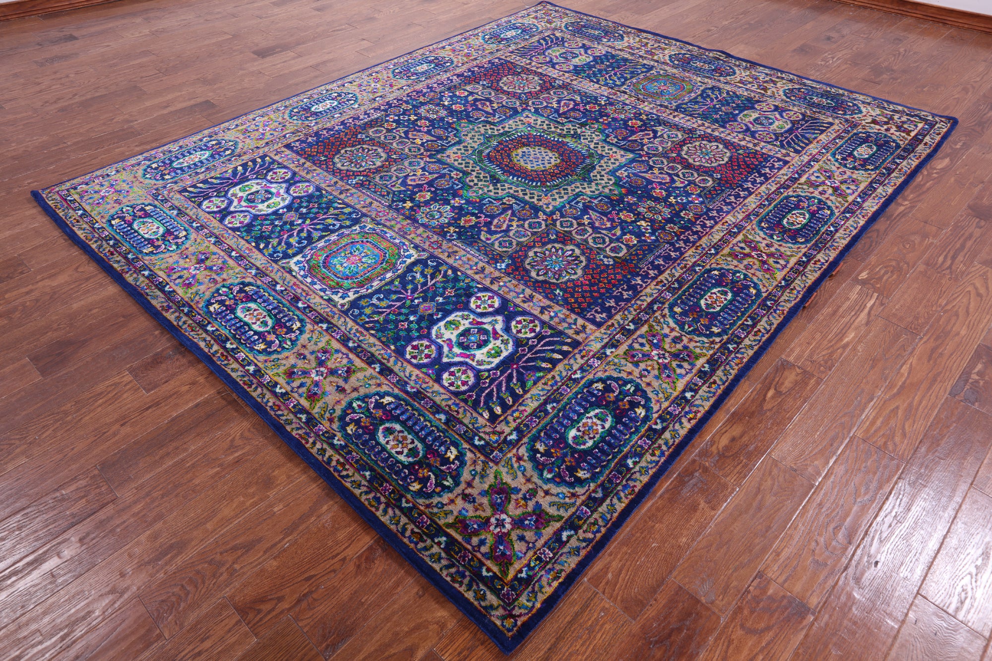 Blue Geometric Persian Mamluk Hand Knotted Wool & Silk Rug - 7' 9" X 9' 11" - Golden Nile