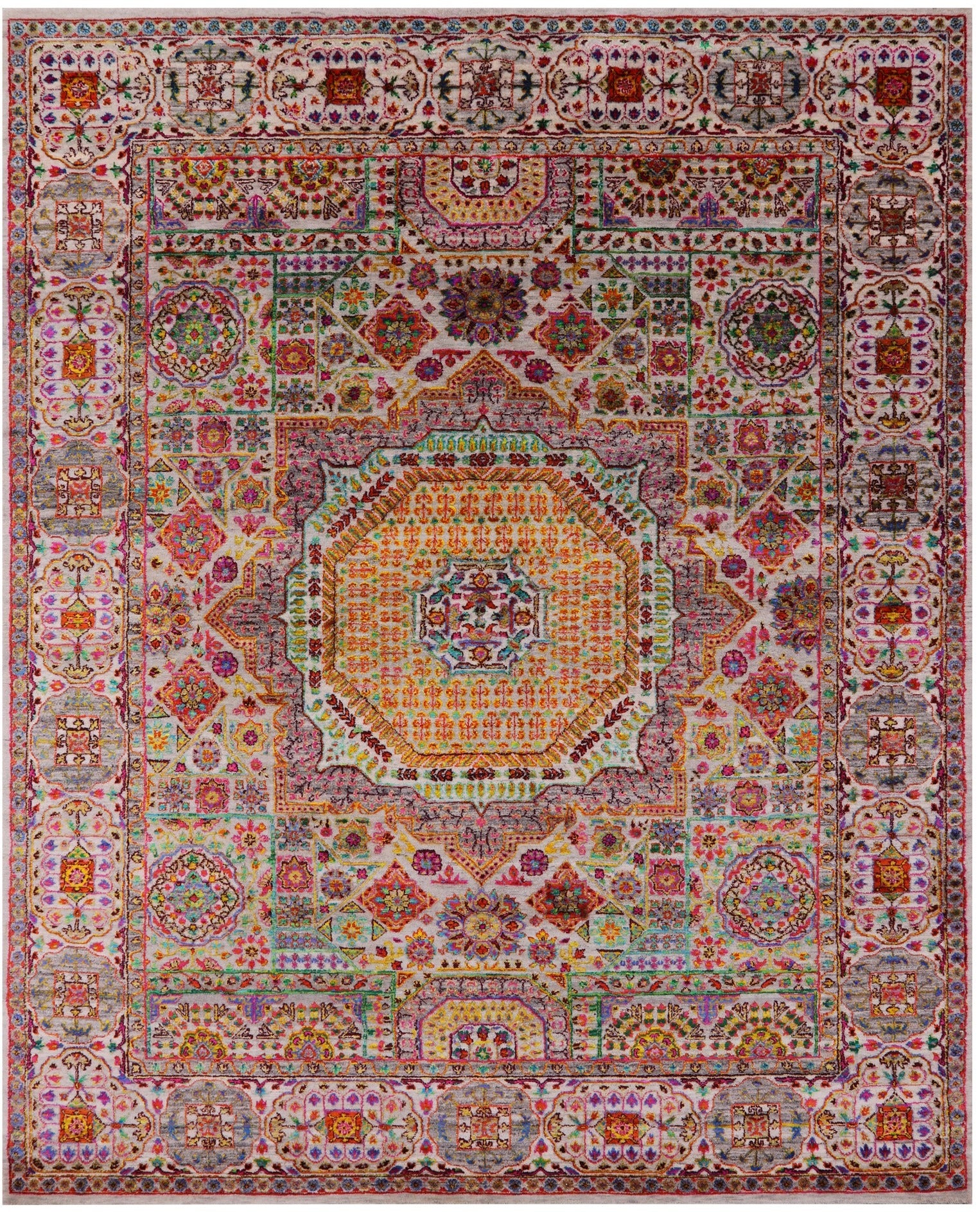Geometric Persian Mamluk Hand Knotted Wool & Silk Rug - 7' 9" X 9' 10" - Golden Nile