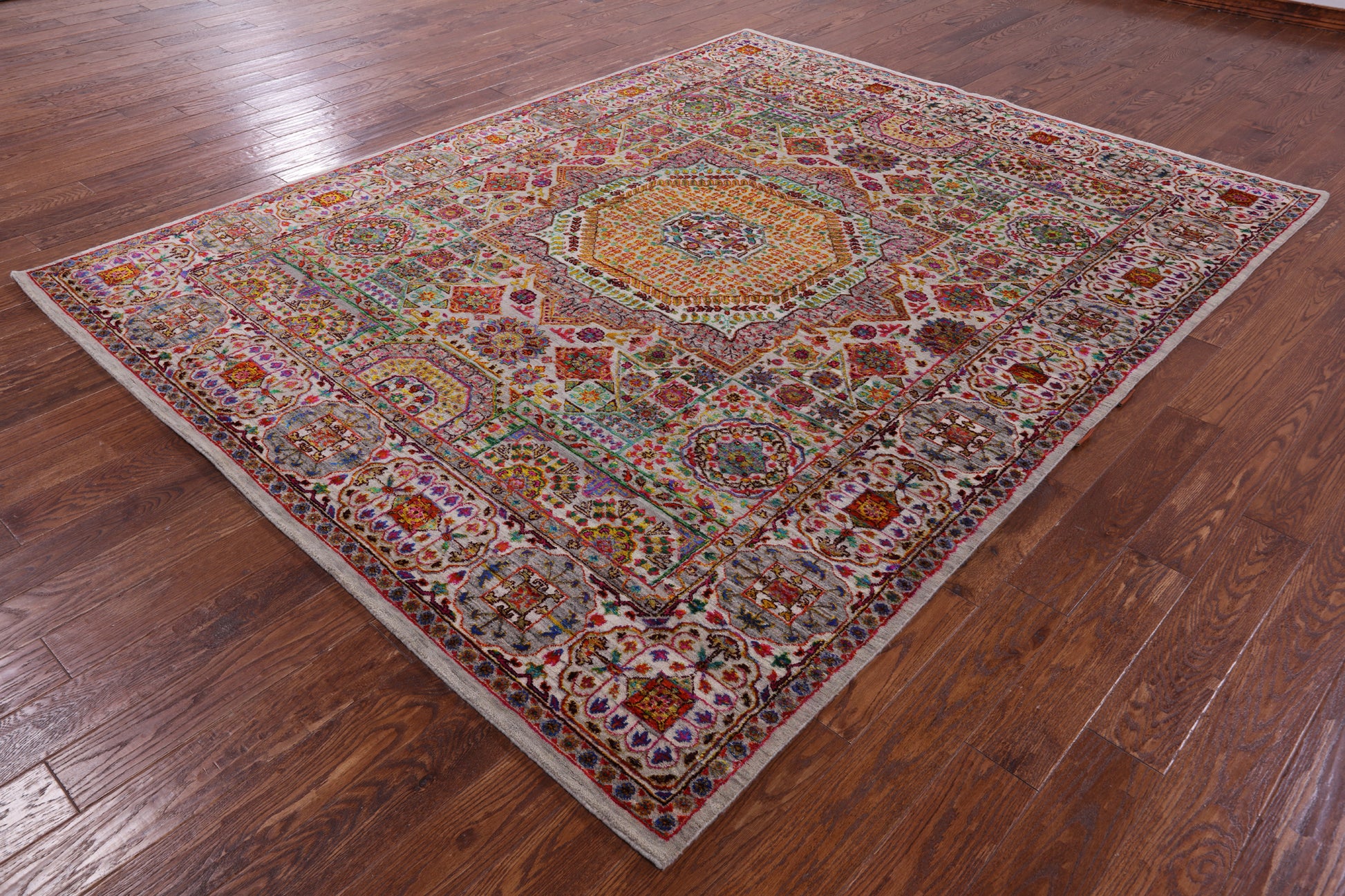 Geometric Persian Mamluk Hand Knotted Wool & Silk Rug - 7' 9" X 9' 10" - Golden Nile