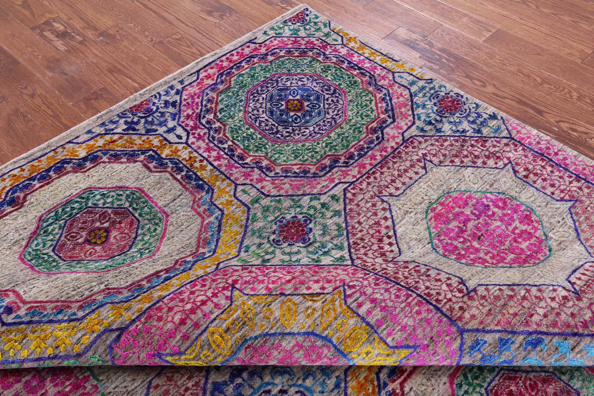 Geometric Persian Mamluk Hand Knotted Wool & Silk Rug - 8' 2" X 9' 11" - Golden Nile