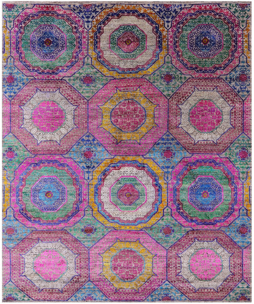 Geometric Persian Mamluk Hand Knotted Wool & Silk Rug - 8' 2" X 9' 11" - Golden Nile