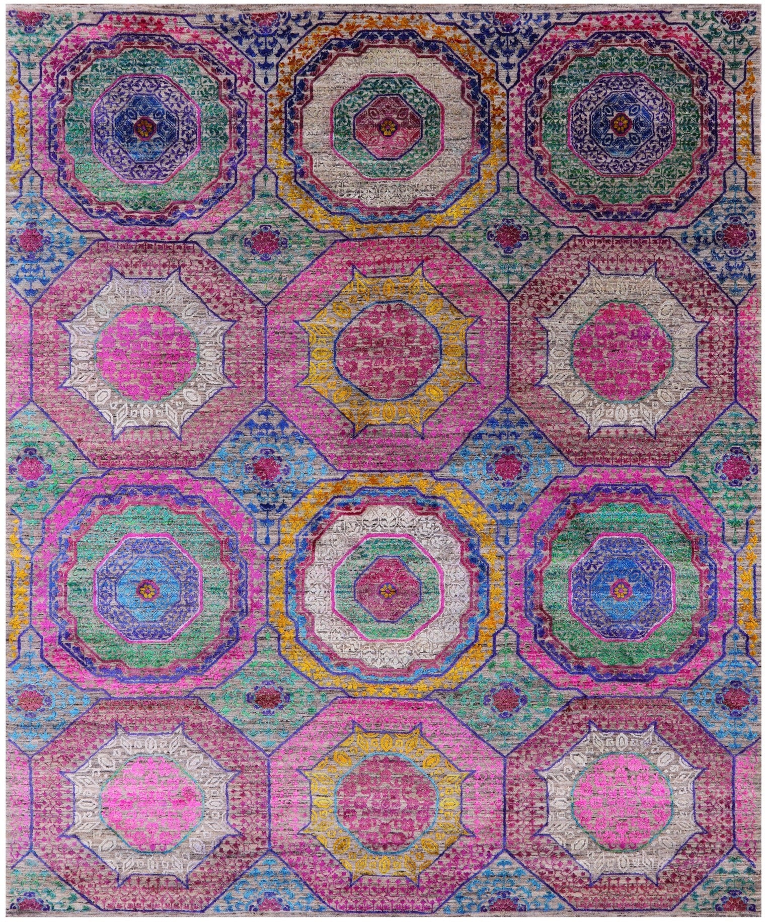 Geometric Persian Mamluk Hand Knotted Wool & Silk Rug - 8' 2" X 9' 11" - Golden Nile