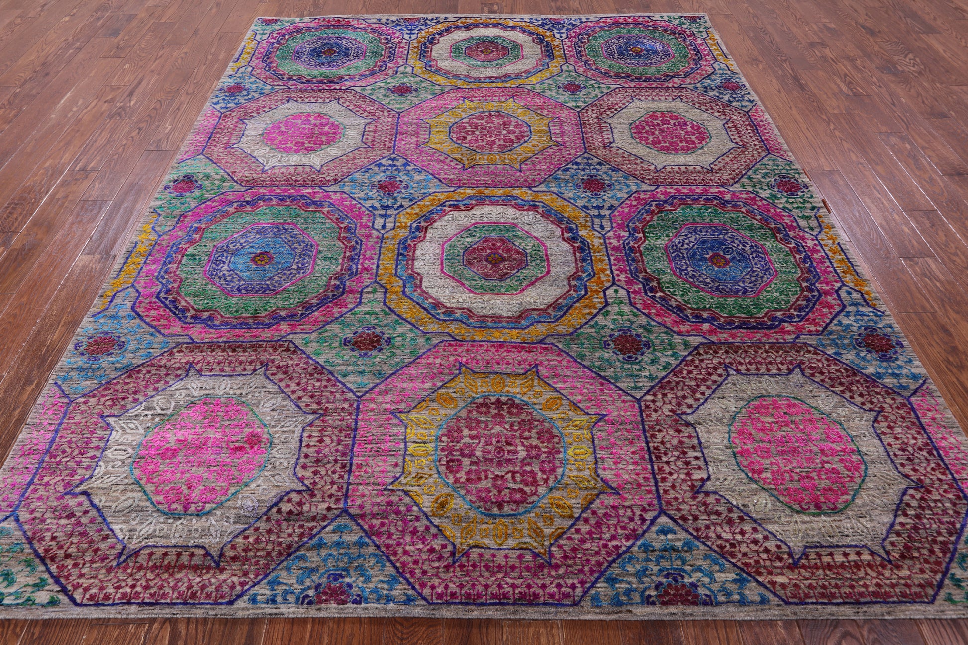 Geometric Persian Mamluk Hand Knotted Wool & Silk Rug - 8' 2" X 9' 11" - Golden Nile