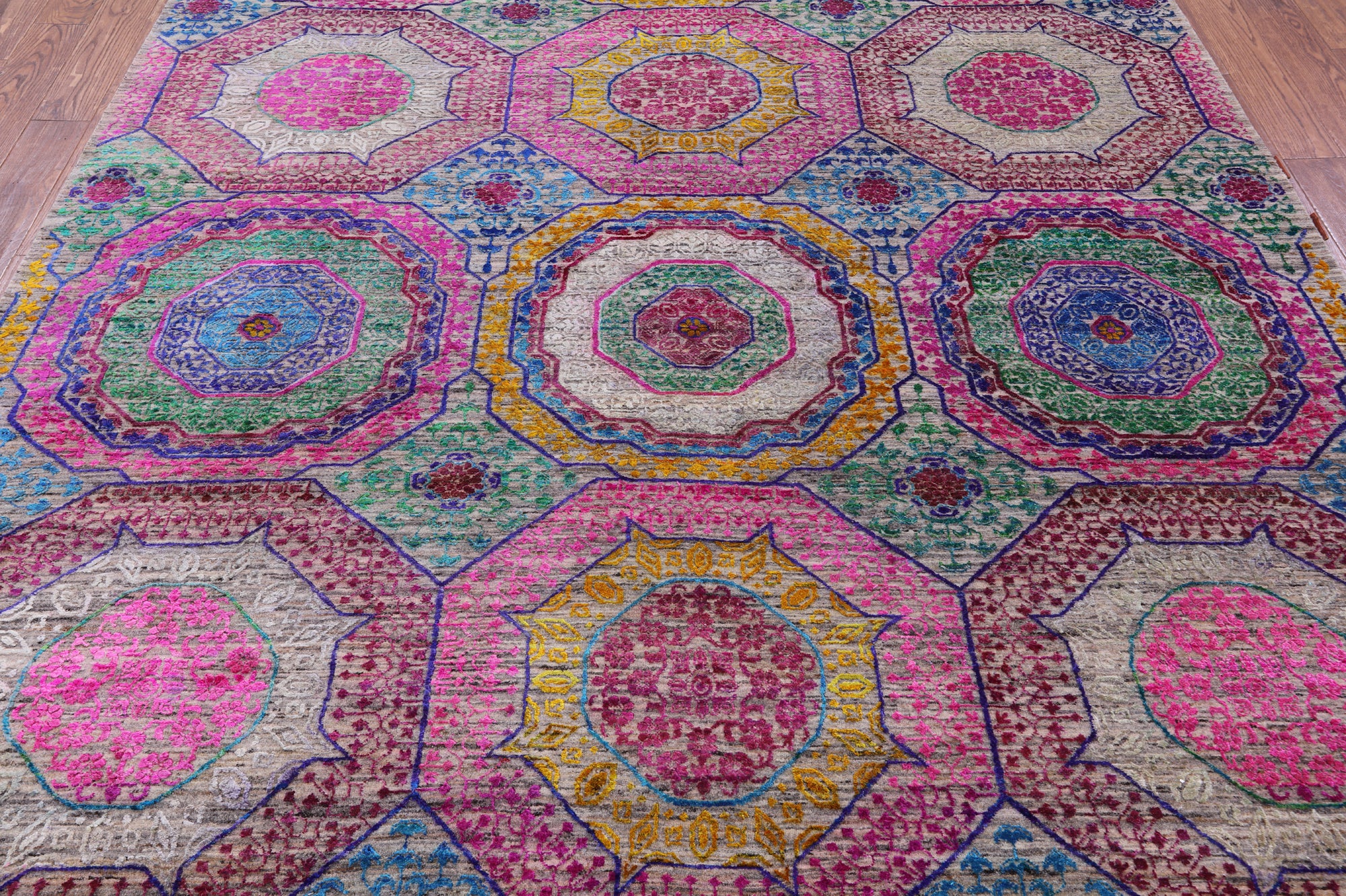 Geometric Persian Mamluk Hand Knotted Wool & Silk Rug - 8' 2" X 9' 11" - Golden Nile