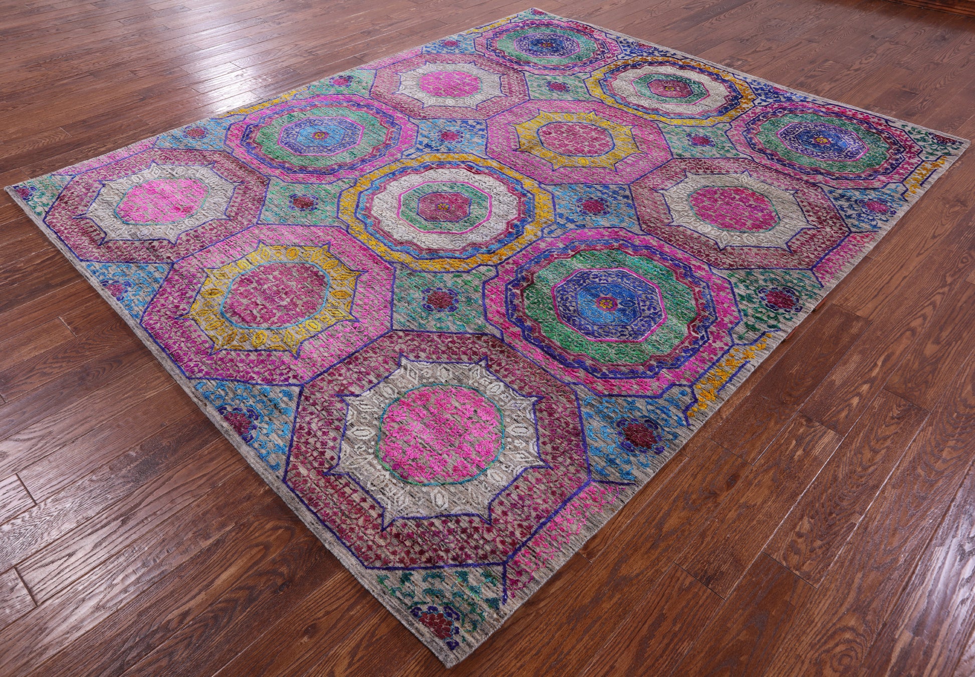 Geometric Persian Mamluk Hand Knotted Wool & Silk Rug - 8' 2" X 9' 11" - Golden Nile