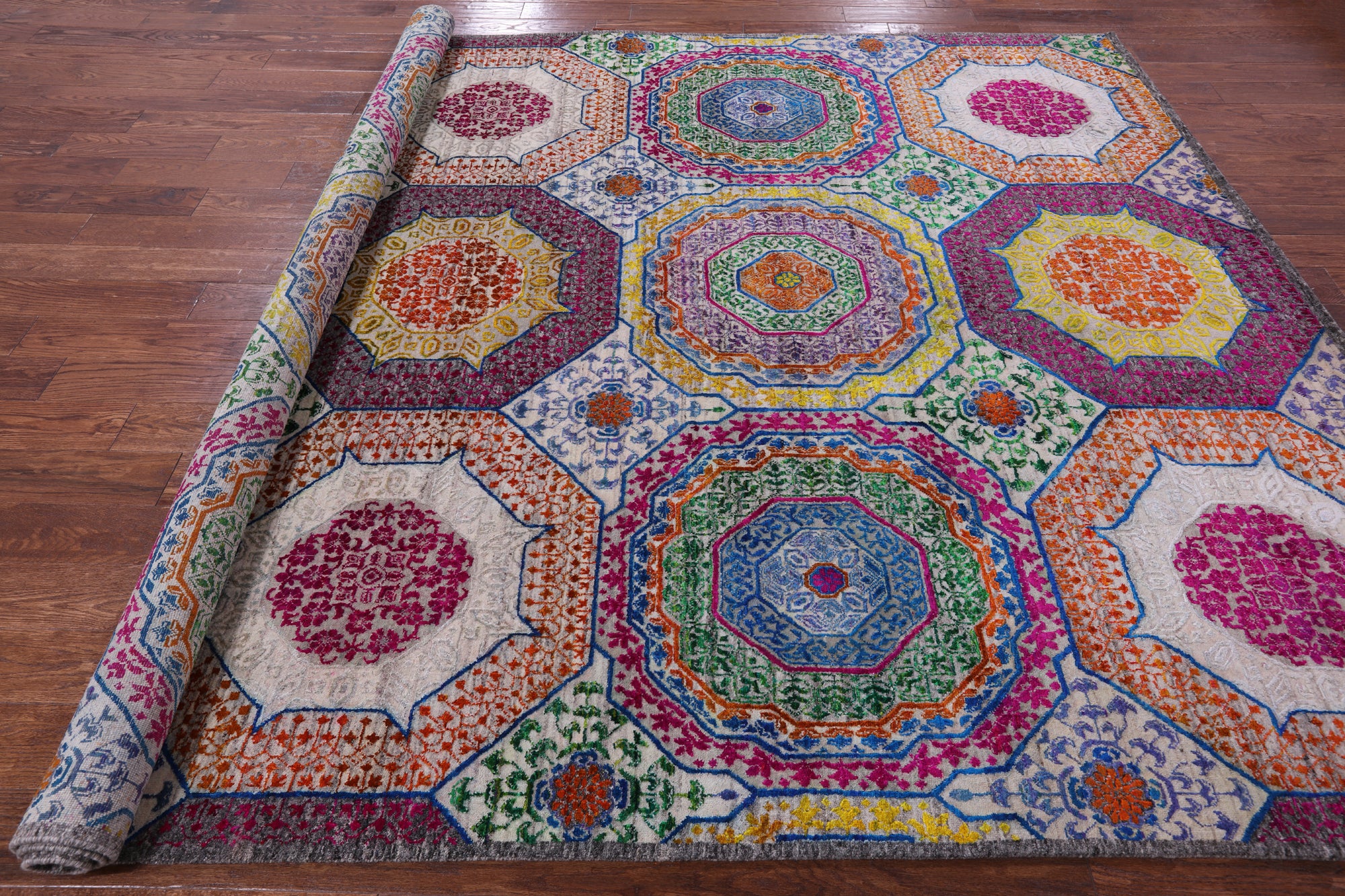 Geometric Persian Mamluk Hand Knotted Wool & Silk Rug - 8' 2" X 10' 2" - Golden Nile