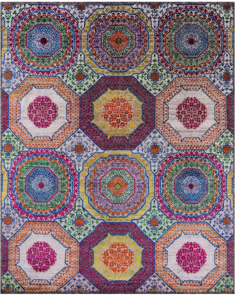 Geometric Persian Mamluk Hand Knotted Wool & Silk Rug - 8' 2" X 10' 2" - Golden Nile