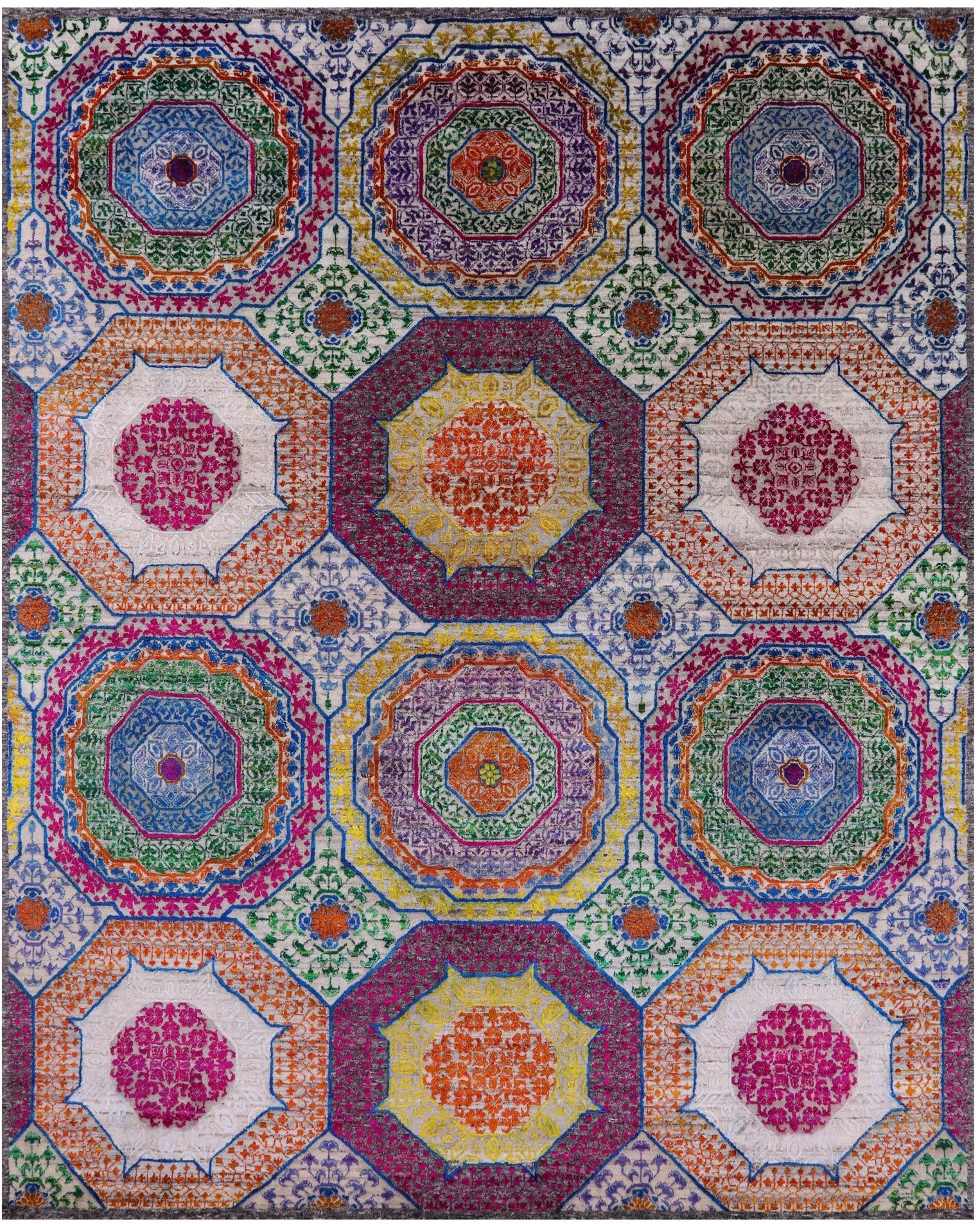 Geometric Persian Mamluk Hand Knotted Wool & Silk Rug - 8' 2" X 10' 2" - Golden Nile