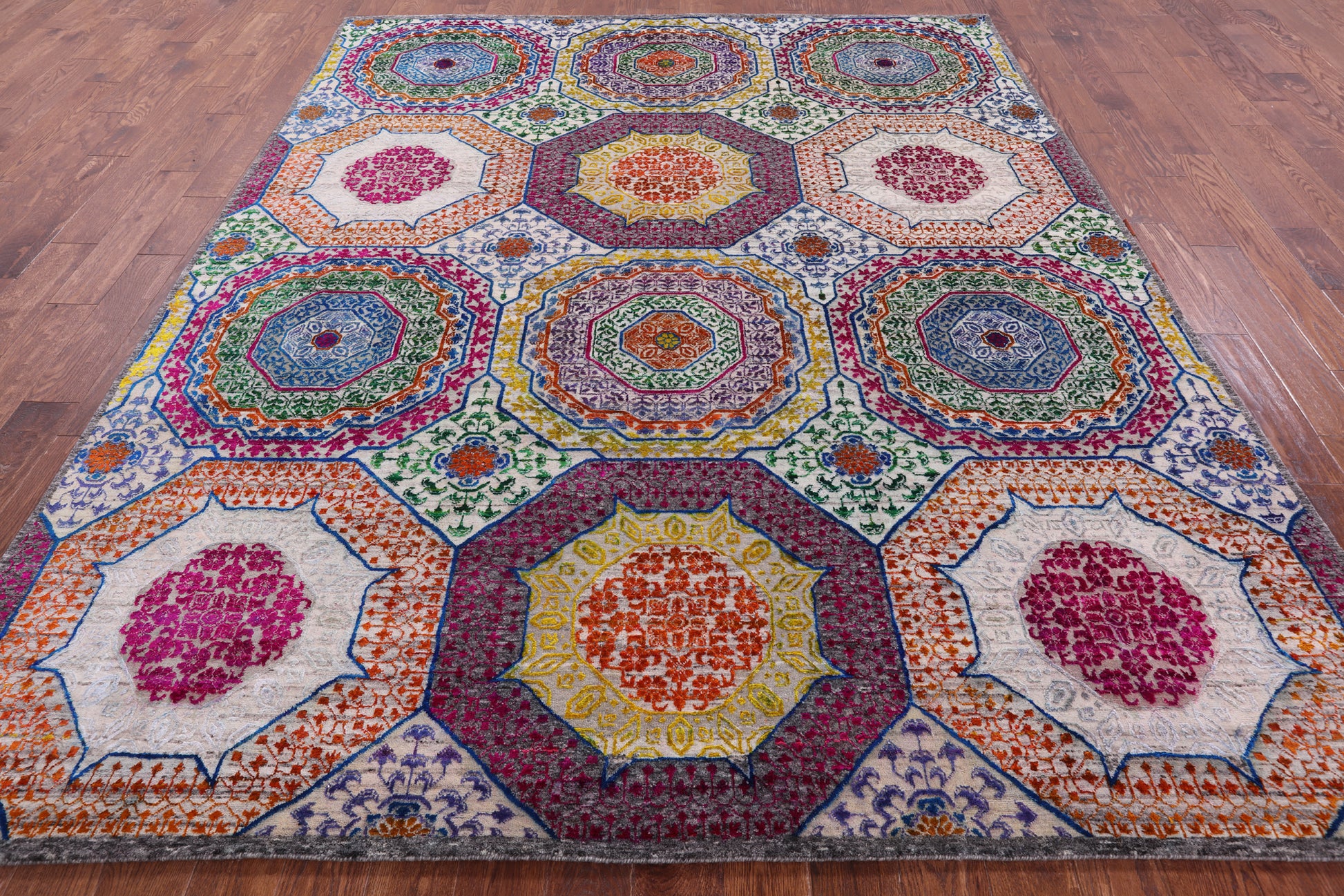 Geometric Persian Mamluk Hand Knotted Wool & Silk Rug - 8' 2" X 10' 2" - Golden Nile