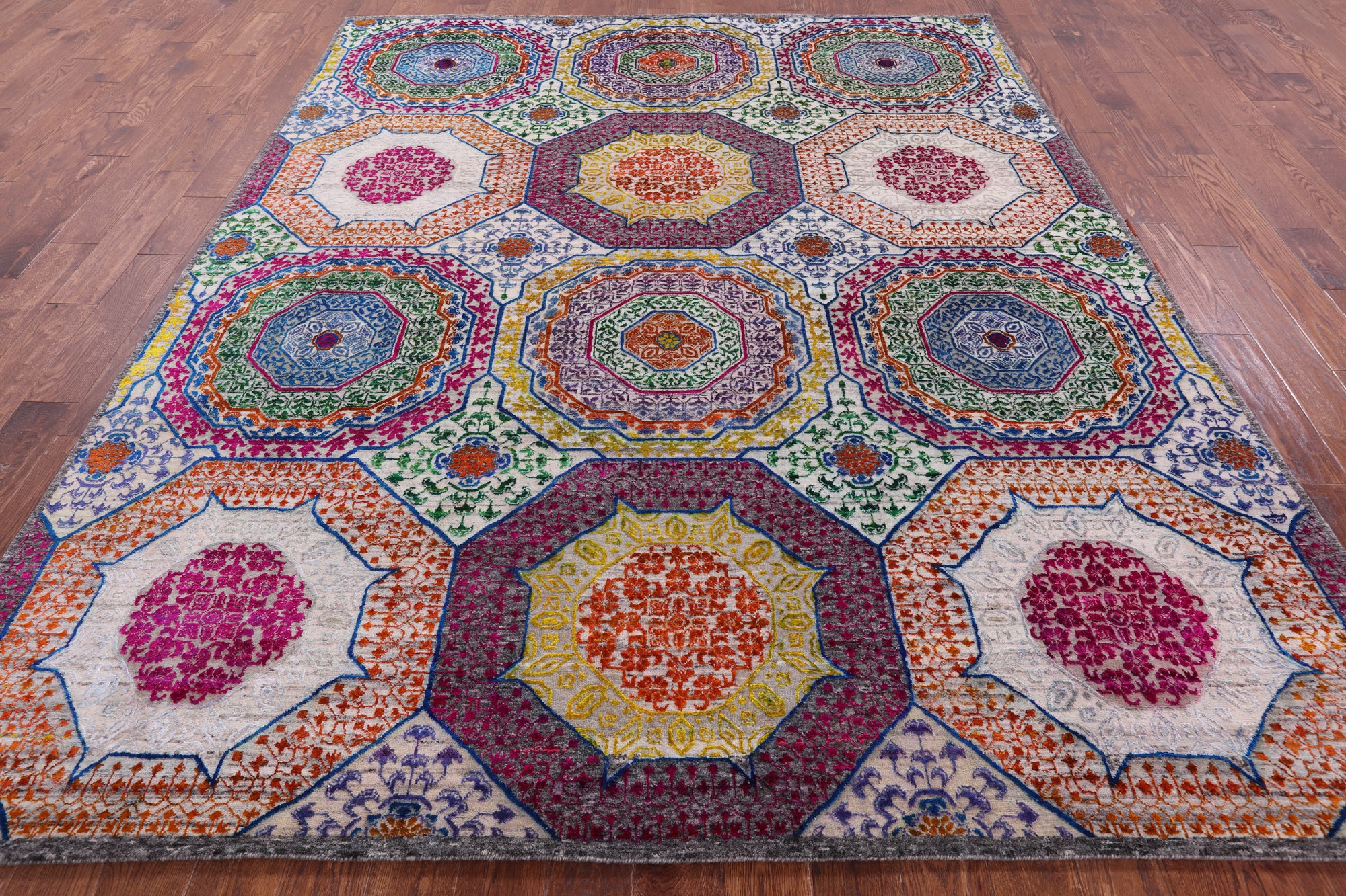 Geometric Persian Mamluk Hand Knotted Wool & Silk Rug - 8' 2" X 10' 2" - Golden Nile