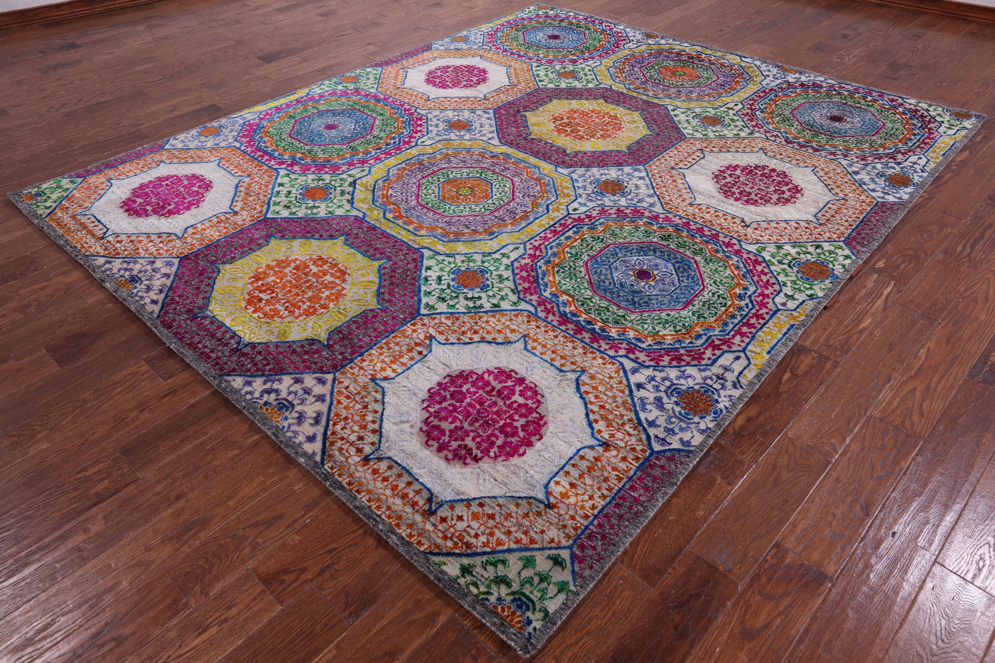 Geometric Persian Mamluk Hand Knotted Wool & Silk Rug - 8' 2" X 10' 2" - Golden Nile
