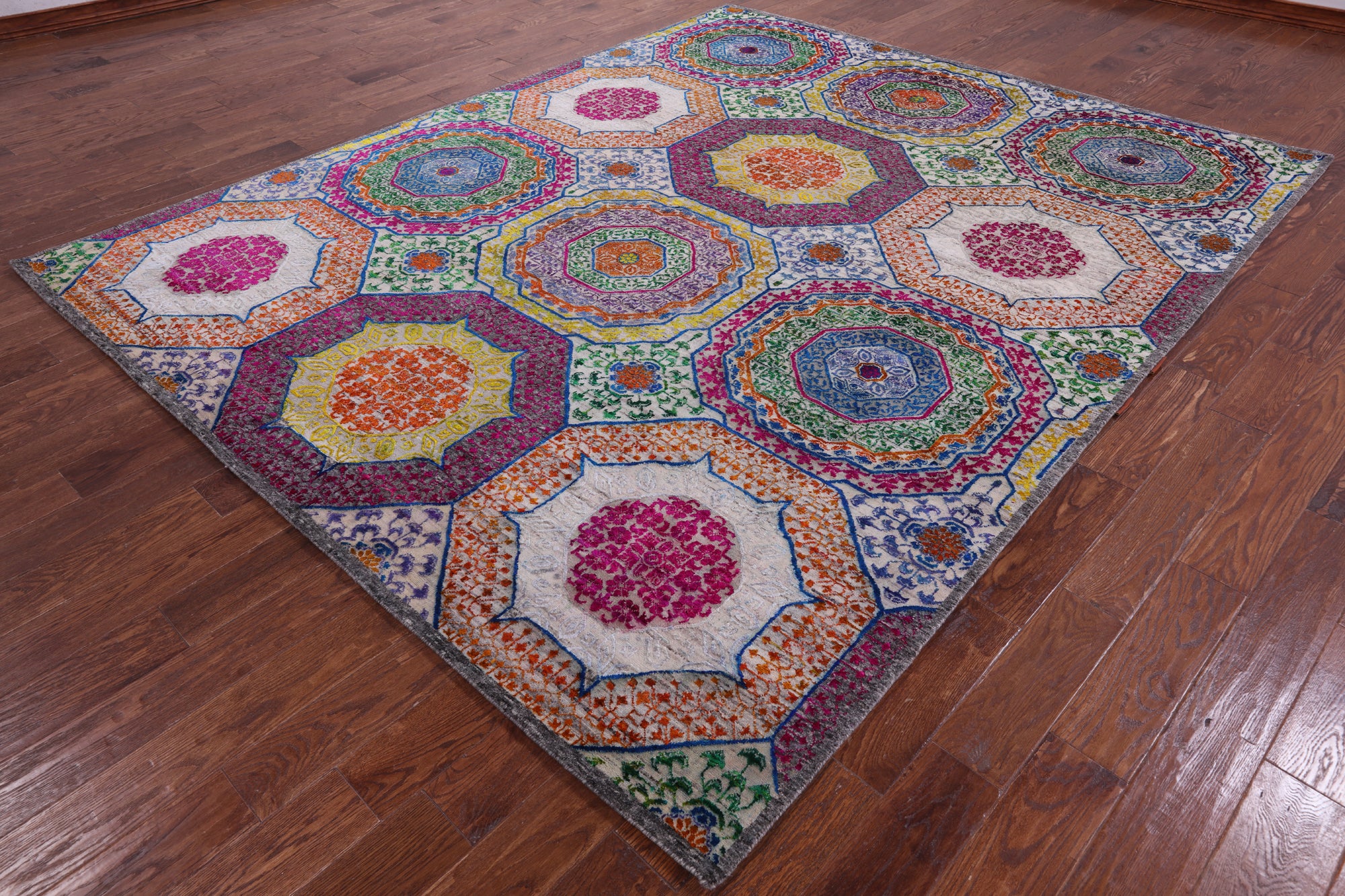 Geometric Persian Mamluk Hand Knotted Wool & Silk Rug - 8' 2" X 10' 2" - Golden Nile