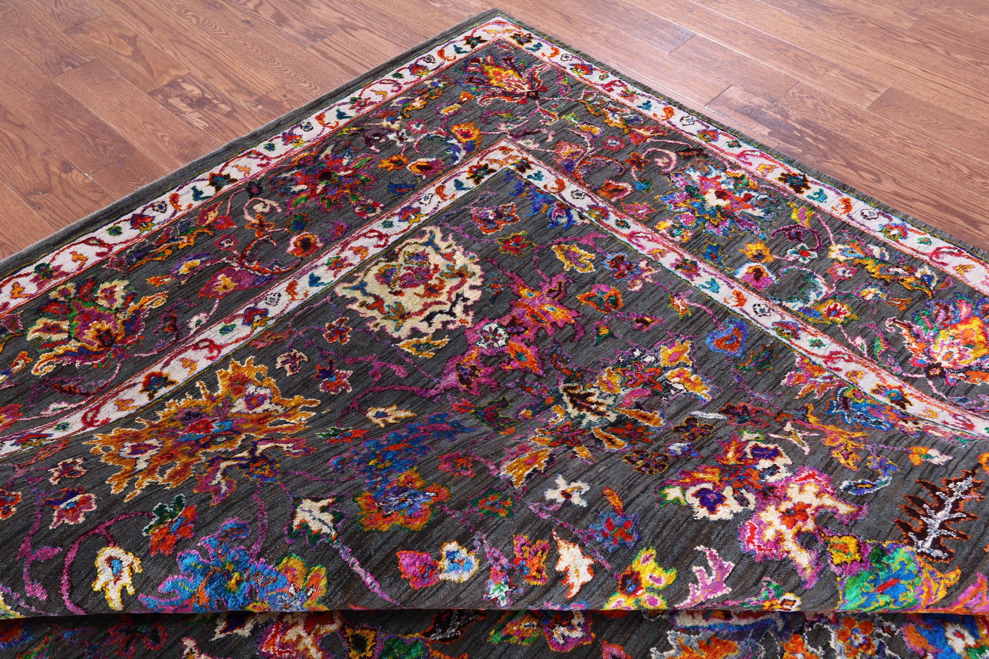 Grey Persian Hand Knotted Wool & Silk Rug - 8' 10" X 11' 10" - Golden Nile