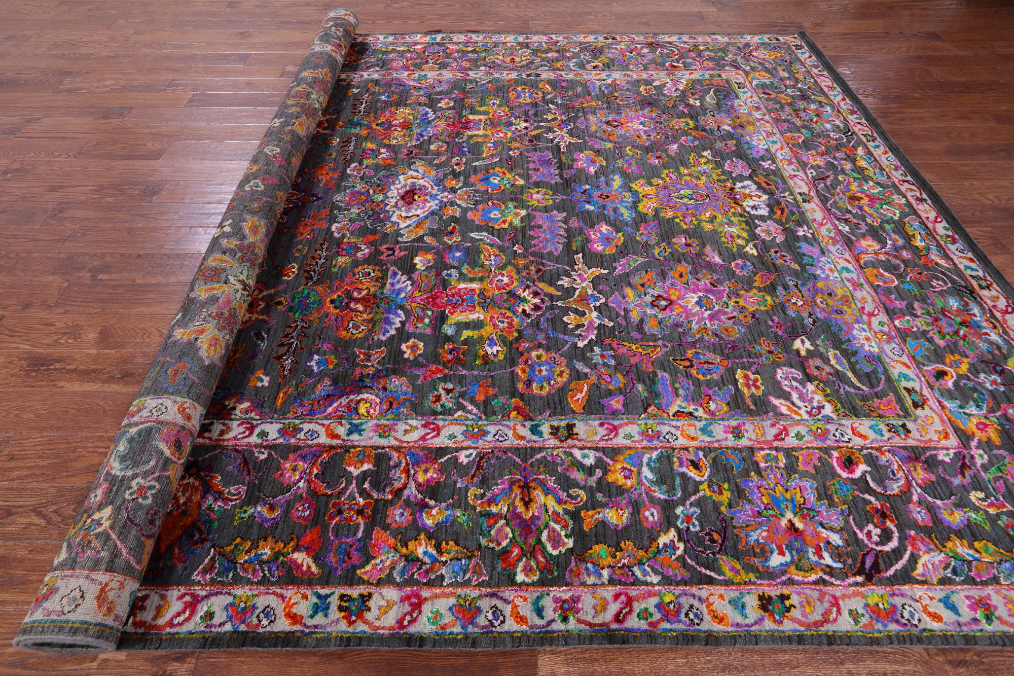 Grey Persian Hand Knotted Wool & Silk Rug - 8' 10" X 11' 10" - Golden Nile