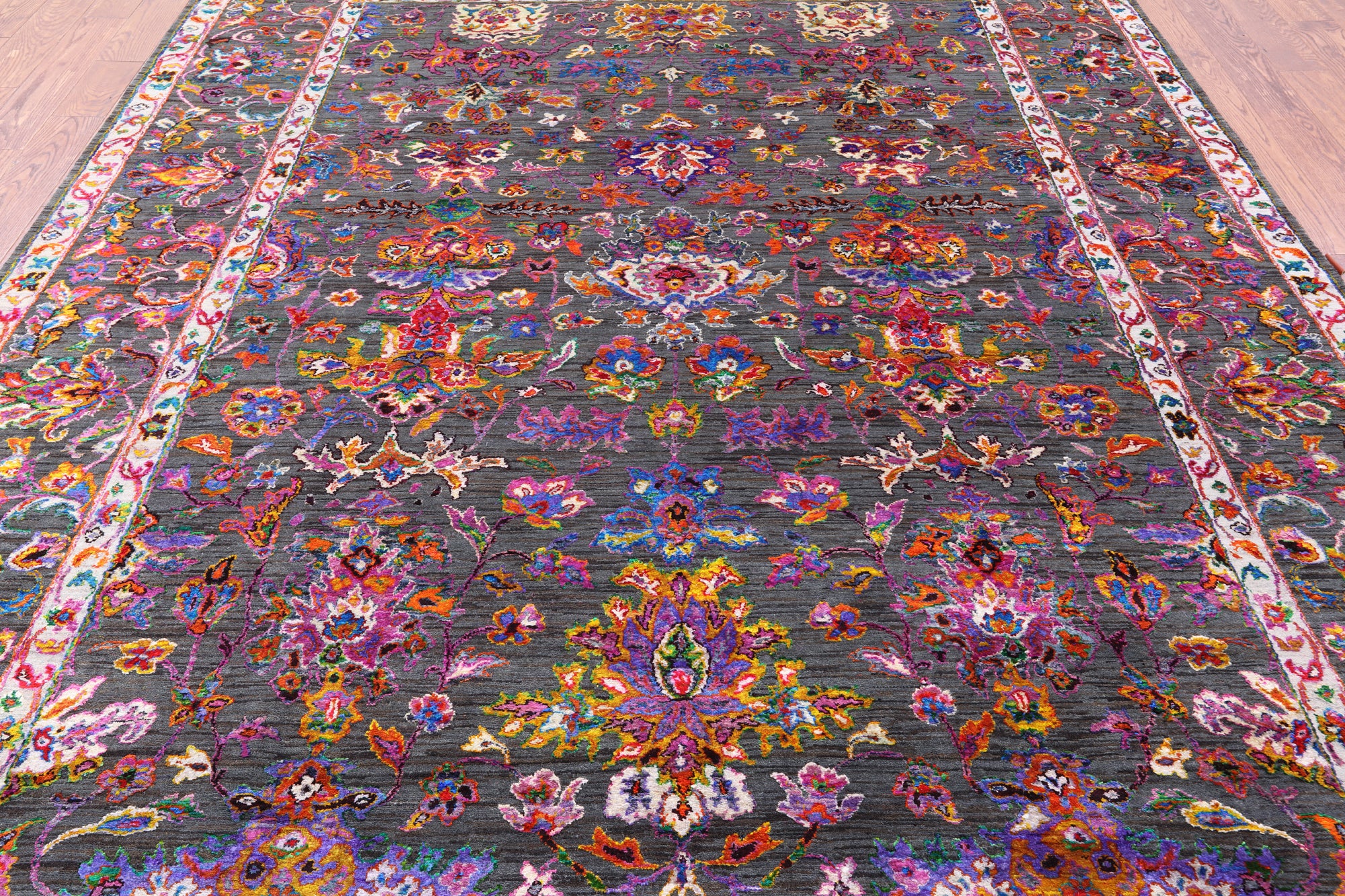 Grey Persian Hand Knotted Wool & Silk Rug - 8' 10" X 11' 10" - Golden Nile